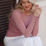Bluza cu cașmir și modal cu decolteu barcuta roz pudra BL005