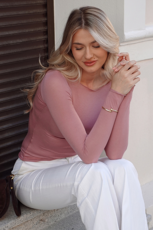 Bluza cu cașmir și modal cu decolteu barcuta roz pudra BL005