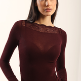 Bluza cu cașmir și modal cu decolteu barcuta si dantela visiniu BL012