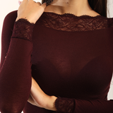 Bluza cu cașmir și modal cu decolteu barcuta si dantela visiniu BL012