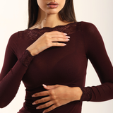 Bluza cu cașmir și modal cu decolteu barcuta si dantela visiniu BL012