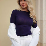 Bluza cu cașmir și modal cu decolteu barcuță bleumarin BL005