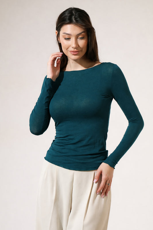 Bluza cu cașmir și modal cu decolteu bărcuță verde petrol BL005
