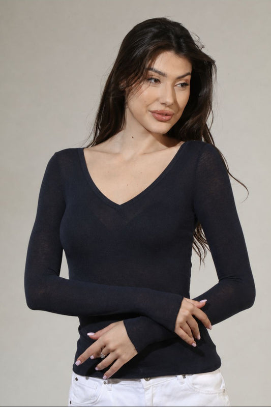Bluza cu cașmir și modal cu decolteu in V negru BL011