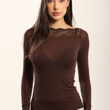Bluza cu cașmir și modal cu decolteu barcuta si dantela maro BL012