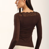 Bluza cu cașmir și modal cu decolteu barcuta si dantela maro BL012