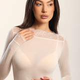 Bluza cu cașmir și modal cu decolteu barcuta si dantela nude BL012