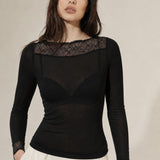 Bluza cu cașmir și modal cu decolteu barcuta si dantela negru BL012