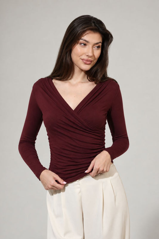 Bluza cu cașmir și modal încrucișată visiniu BL013