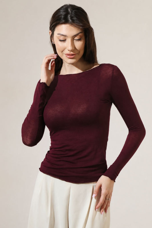 Bluza cu cașmir și modal cu decolteu bărcuță visiniu BL005