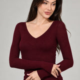 Bluza cu cașmir și modal cu decolteu in V visiniu CACHMERE BL011