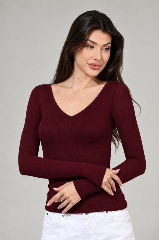 Bluza cu cașmir și modal cu decolteu in V visiniu CACHMERE BL011